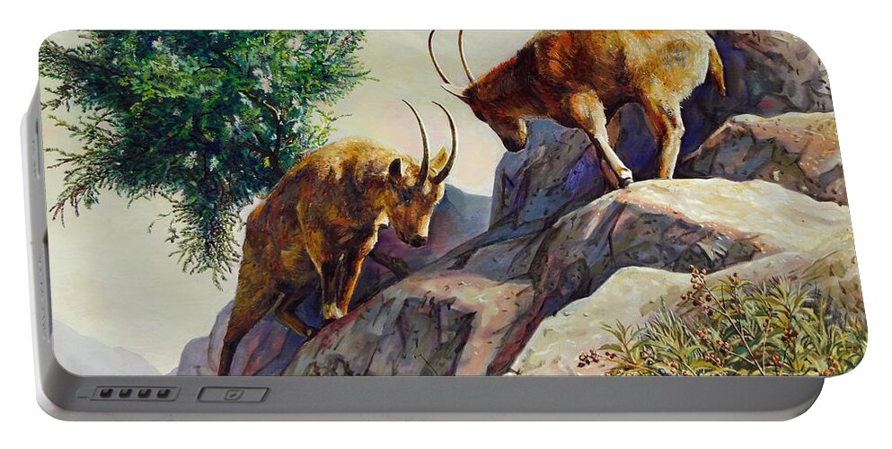 Goat Portable Battery Charger featuring the painting Mountain Goats - Powerful Fight by Svitozar Nenyuk