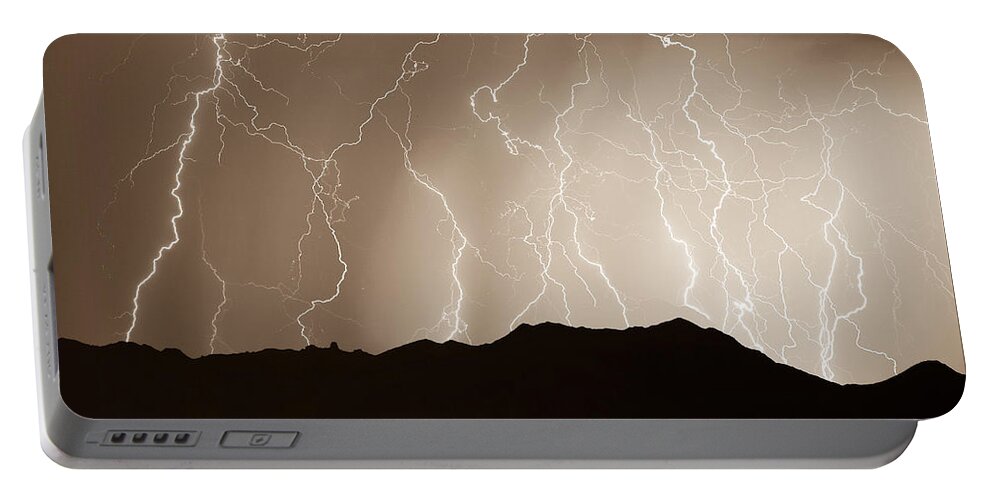 Lightning Portable Battery Charger featuring the photograph Mountain Storm - Sepia Print by James BO Insogna