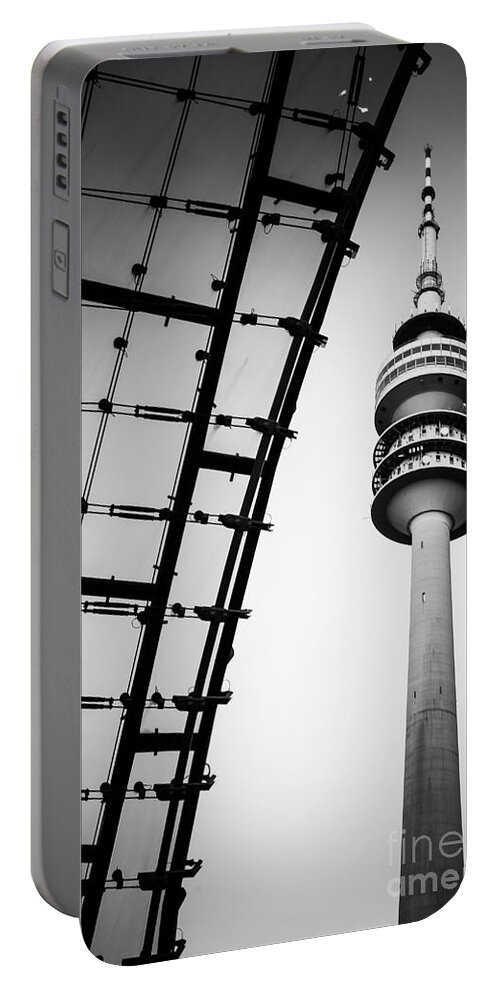 Architecture Portable Battery Charger featuring the photograph Munich - Olympiaturm And The Roof - Bw by Hannes Cmarits