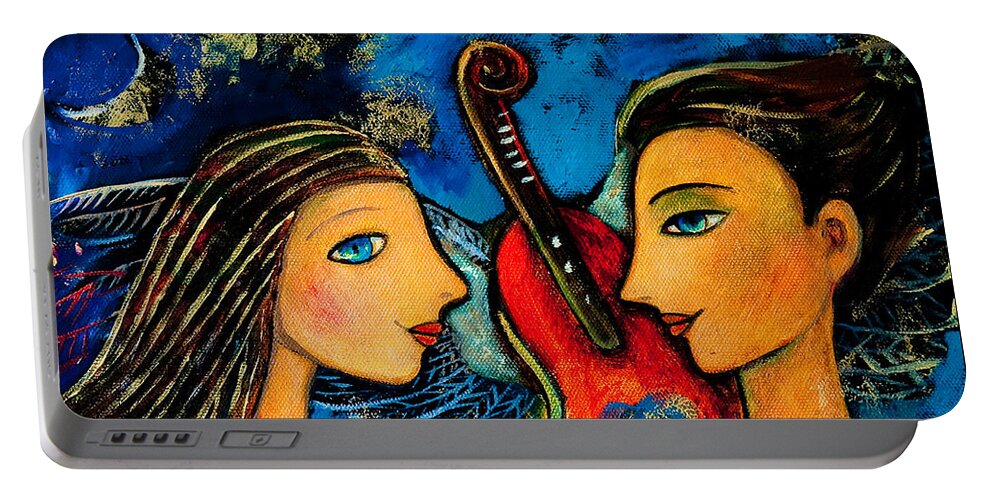 Shijun Portable Battery Charger featuring the painting Music Lovers by Shijun Munns