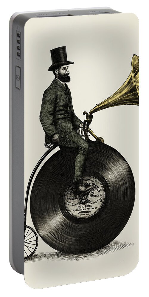 Music Vintage Vinyl Record Victorian Top Hat Gramophone Victrola Nostalgic Cycling Penny Farthing Moustache Portable Battery Charger featuring the drawing Music Man by Eric Fan