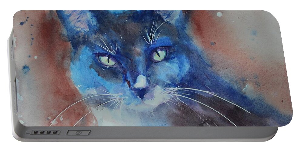 Cat Portable Battery Charger featuring the painting My Cat Spook by Ruth Kamenev