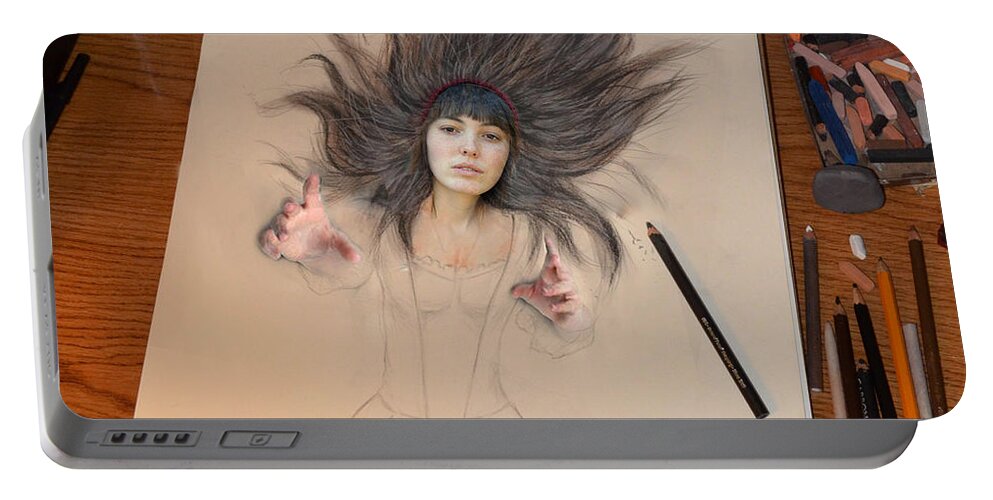 Brown Haired Portable Battery Charger featuring the digital art My Drawing of a Beauty Coming Alive by Jim Fitzpatrick