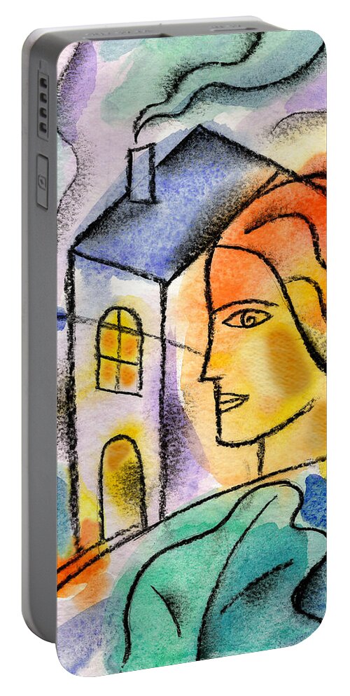 American Dream Building Chimney Color Color Image Colour Consumer Domestic Life Door Doorway Drawing Entrance Female Home House Housing Illustration Illustration And Painting Leaf Lifestyle One One Person Outdoors Outside People Person Plant Profile Side View Vertical Window Woman Portable Battery Charger featuring the painting My House by Leon Zernitsky