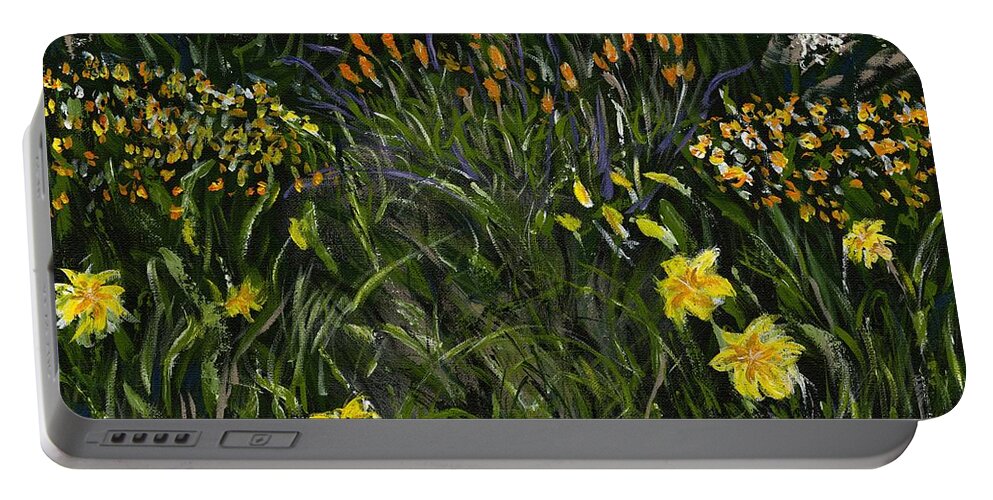 Flowers Portable Battery Charger featuring the painting My Neighbor's Garden by Alice Faber