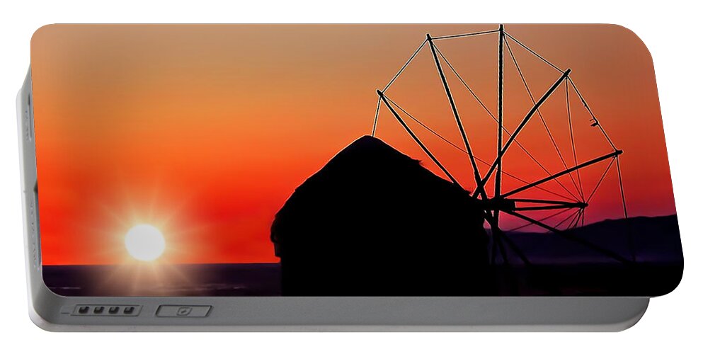 Greece Portable Battery Charger featuring the photograph Mykonos Windmill in Orange Sunset by Mitchell R Grosky