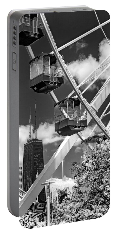 Chicago Portable Battery Charger featuring the photograph Navy Pier Ferris Wheel Black and White by Christopher Arndt