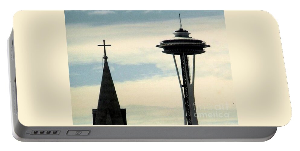 Seattle Portable Battery Charger featuring the photograph Seattle Washington Space Needle Steeple And Cross by Michael Hoard