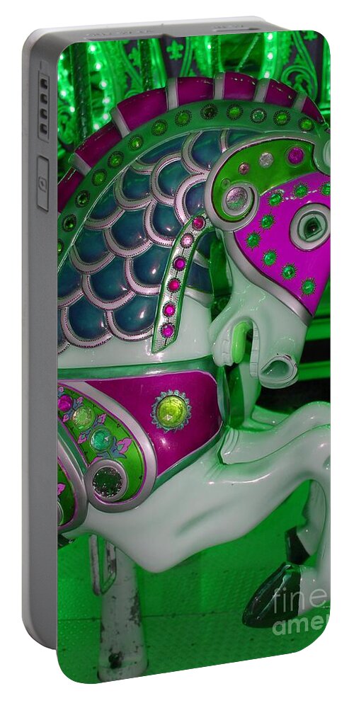 Carousel Portable Battery Charger featuring the digital art Neon Green Carousel Horse by Patty Vicknair
