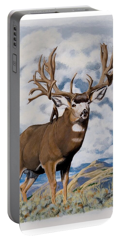 Nevada Portable Battery Charger featuring the painting Faria Nevada Nontypical Mule deer by Darcy Tate