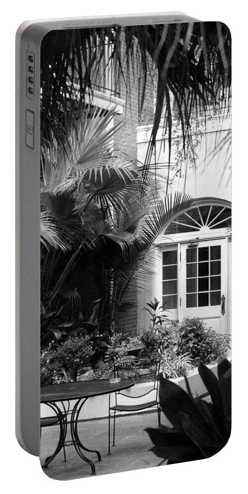 New Orleans Portable Battery Charger featuring the photograph New Orleans Courtyard in Black and White by Greg and Chrystal Mimbs