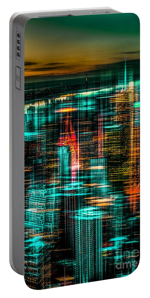 Nyc Portable Battery Charger featuring the photograph New York - the night awakes - green by Hannes Cmarits