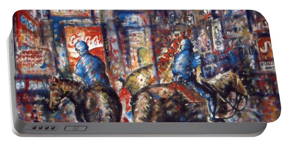 New+york Portable Battery Charger featuring the painting New York Broadway at Night - Oil On Canvas Painting by Peter Potter