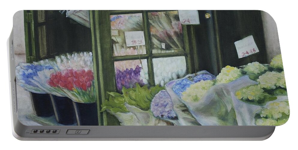 Fine Art Painting Portable Battery Charger featuring the painting New York Flower Shop by Rebecca Matthews