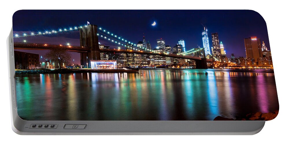 New York Portable Battery Charger featuring the photograph New York Skyline and Brooklyn Bridge with Crescent Moon Rising by Mitchell R Grosky