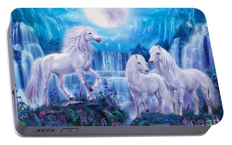 Moon Portable Battery Charger featuring the digital art Night Horses by MGL Meiklejohn Graphics Licensing