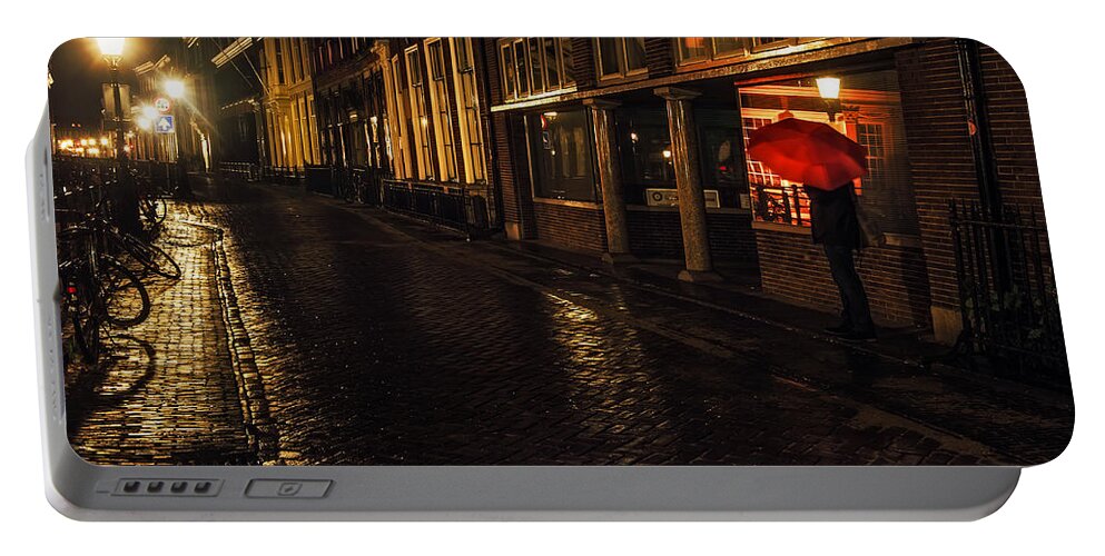 Netherlands Portable Battery Charger featuring the photograph Night Lights of Utrecht. Orange Umbrella. Netherlands by Jenny Rainbow