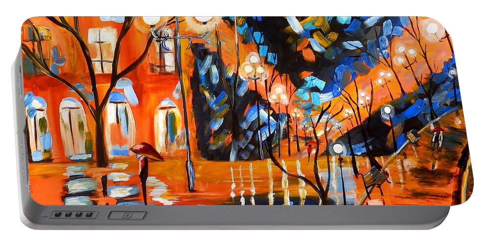 Landscape Canvas Print Portable Battery Charger featuring the painting Night Village Rain by Jayne Kerr