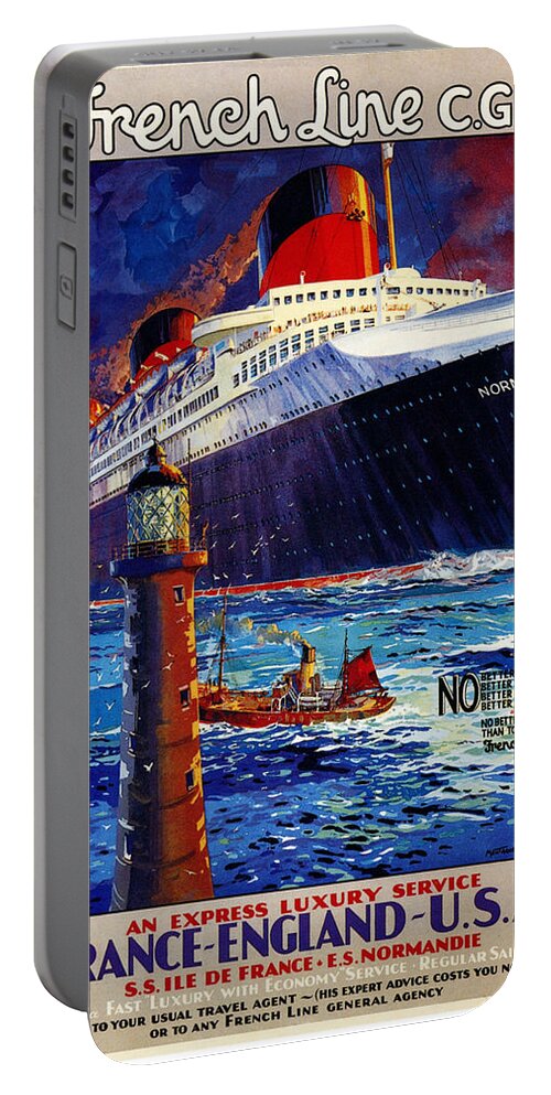 French Line Portable Battery Charger featuring the digital art No Better Advice Than To Travel - French Line by Georgia Clare