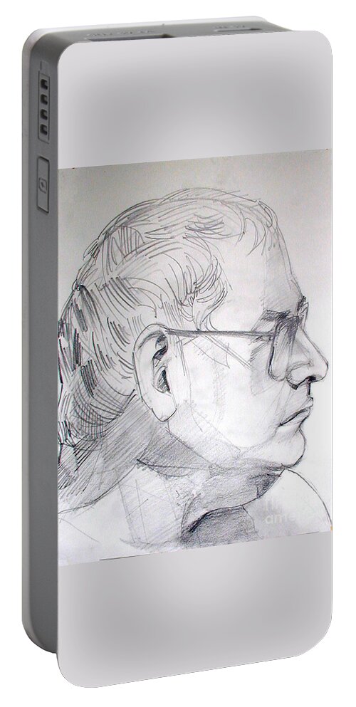 Portrait Portable Battery Charger featuring the drawing Graphite portrait life drawing sketch Not so young anymore by Greta Corens