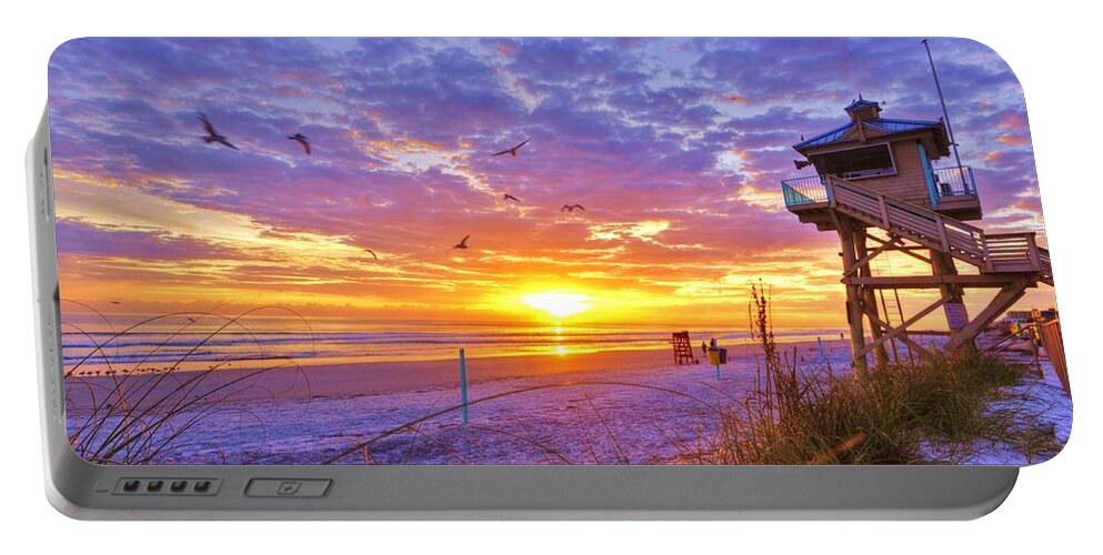 Beach Photographs Portable Battery Charger featuring the photograph NSB Lifeguard Station Sunrise by Danny Mongosa