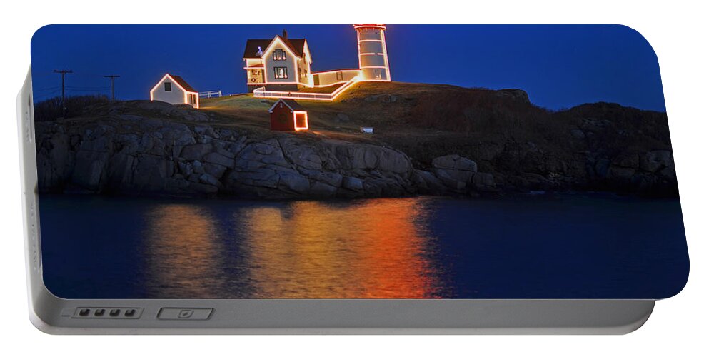 York Portable Battery Charger featuring the photograph Nubble Light in York ME Cape Neddick Christmas blue sky by Toby McGuire