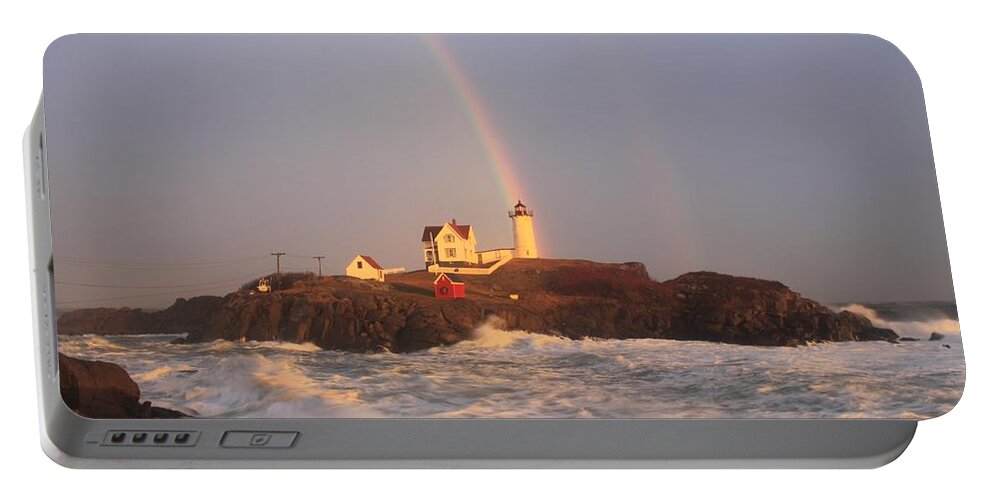 Lighthouse Portable Battery Charger featuring the photograph Nubble Lighthouse Rainbow and High Surf by John Burk
