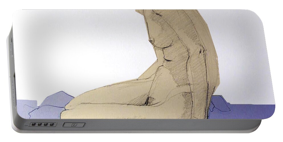 Nude Portable Battery Charger featuring the drawing Nude figure in blue by Greta Corens