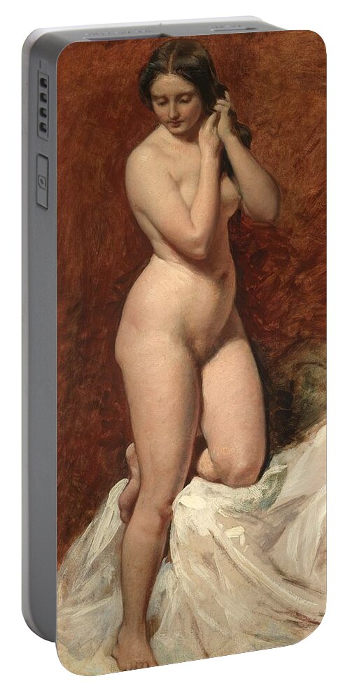 Female; Nude; Full Length; Naked; Curves; Curvy; Woman; Standing; Coy; Front View Portable Battery Charger featuring the painting Nude from the Front by William Etty