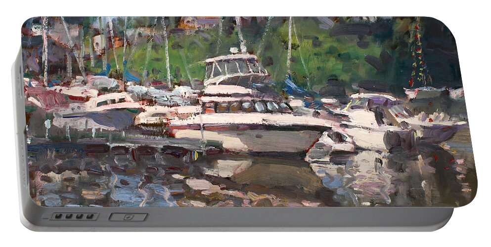 Olcott Beach Portable Battery Charger featuring the painting Olcott Yacht Club by Ylli Haruni