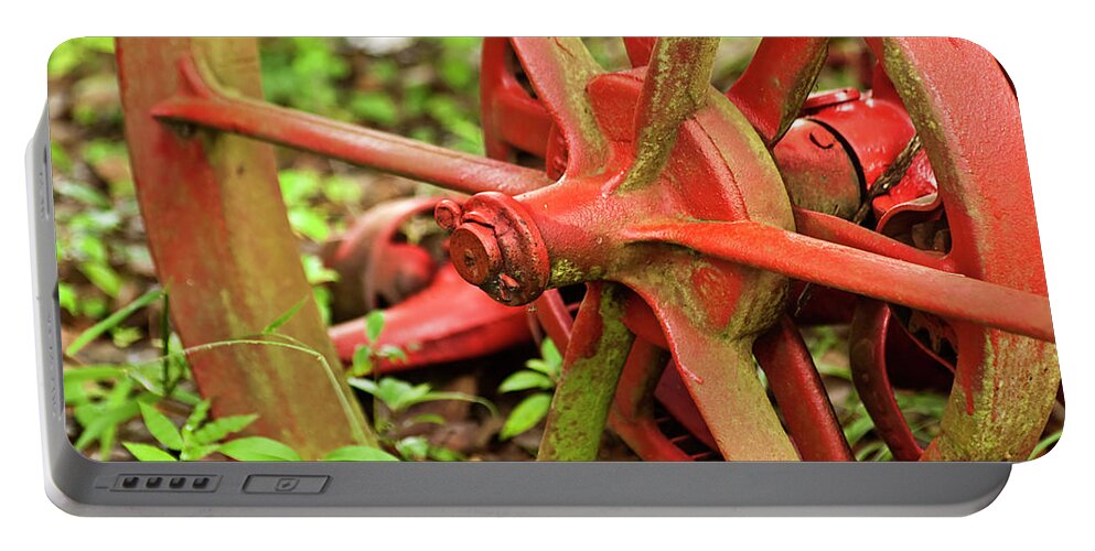 Farm Tools Portable Battery Charger featuring the photograph Old Farm Tractor Wheel by Carolyn Marshall
