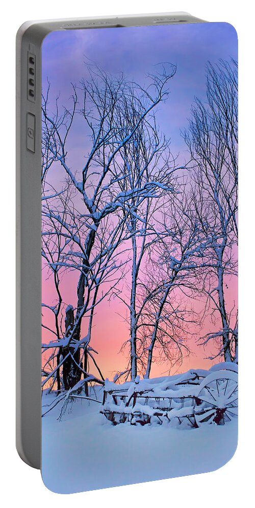 Winter Portable Battery Charger featuring the photograph Old Hayrake - Winter Sunset by Nikolyn McDonald