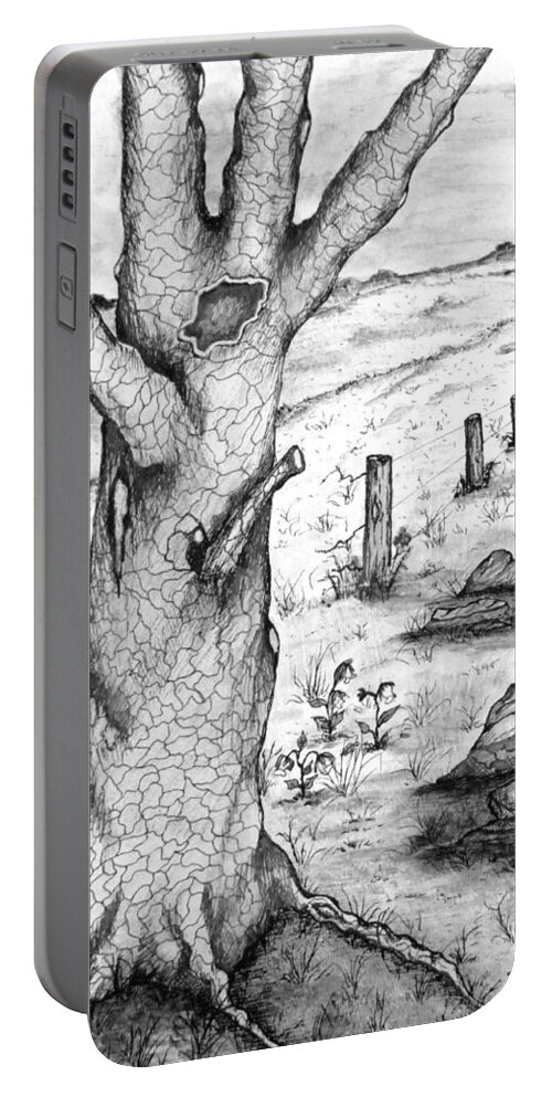 Oak Portable Battery Charger featuring the drawing Old Oak Tree with Birds' Nest Black and White by Ashley Goforth