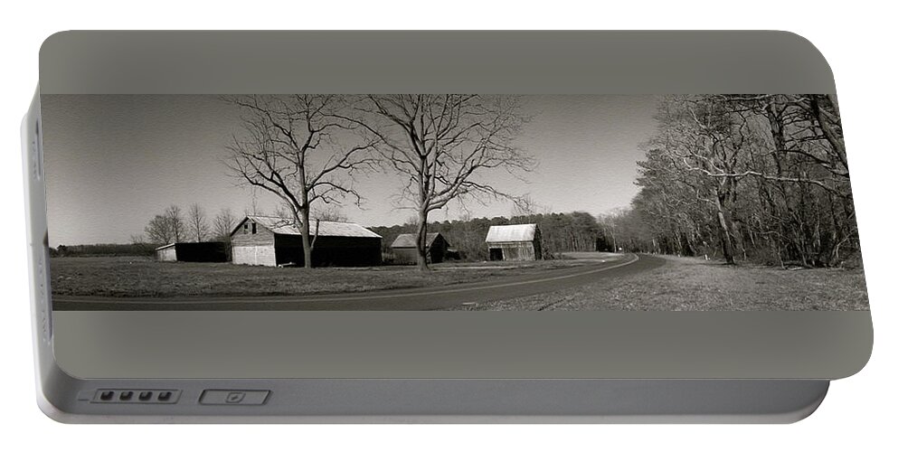  Portable Battery Charger featuring the photograph Old Red Barn In Black and White Long by Chris W Photography AKA Christian Wilson