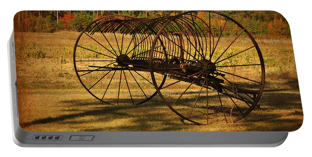 Hay Rake Portable Battery Charger featuring the photograph Old Rusty Hay Rake by Kathy Baccari