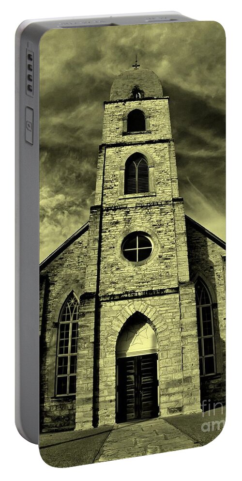 Michael Tidwell Photography Portable Battery Charger featuring the photograph Old St. Mary's Church in Fredericksburg Texas in Sepia by Michael Tidwell