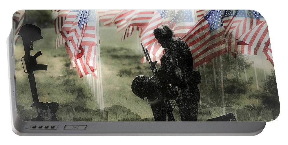 Soldiers Memorial Portable Battery Charger featuring the photograph On Bended Knee Remembering Our Soldiers by Peggy Franz