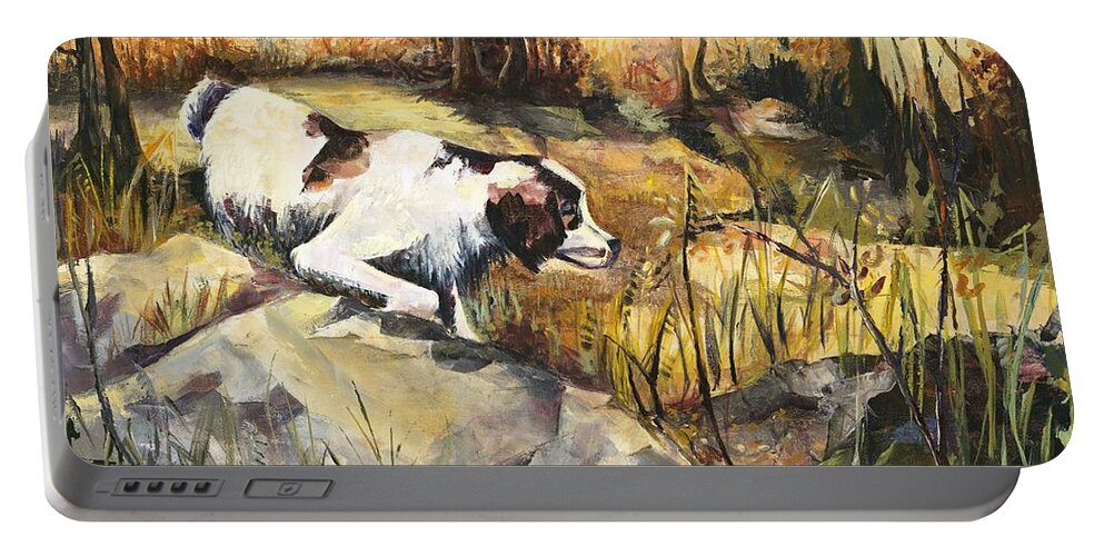 Dog Portable Battery Charger featuring the painting On Point - Late Afternoon Hunting by Elisabeta Hermann