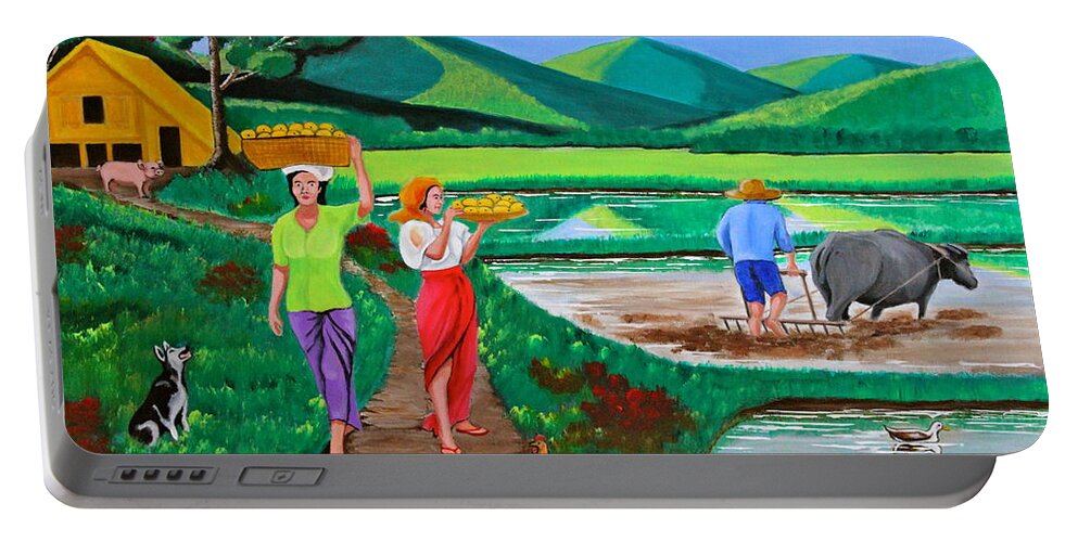 Carabao Portable Battery Charger featuring the painting One Beautiful Morning in the Farm by Cyril Maza