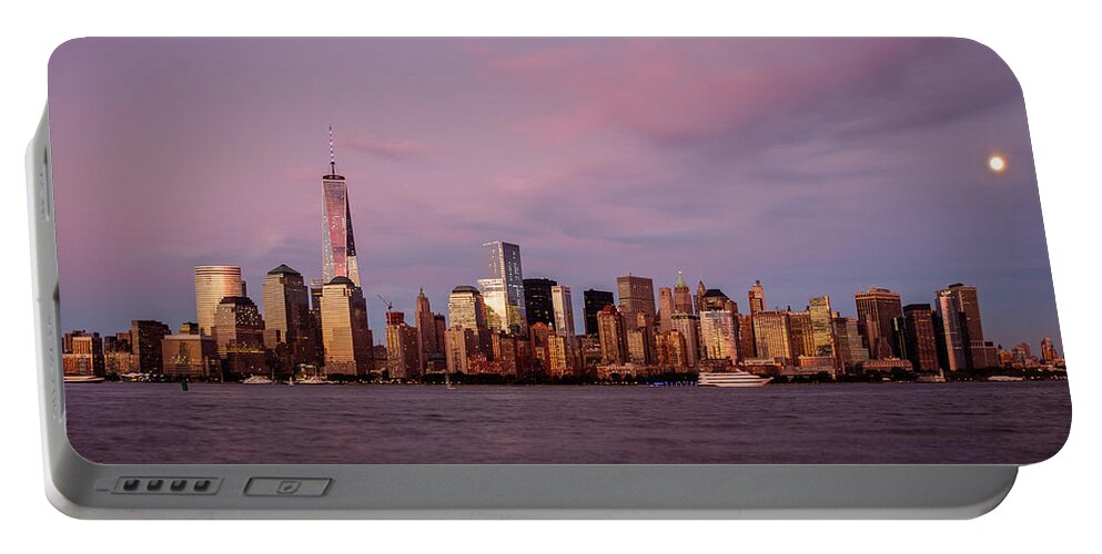 1wtc Portable Battery Charger featuring the photograph One WTC Lower Manhattan and the Harvest Moon by SAURAVphoto Online Store