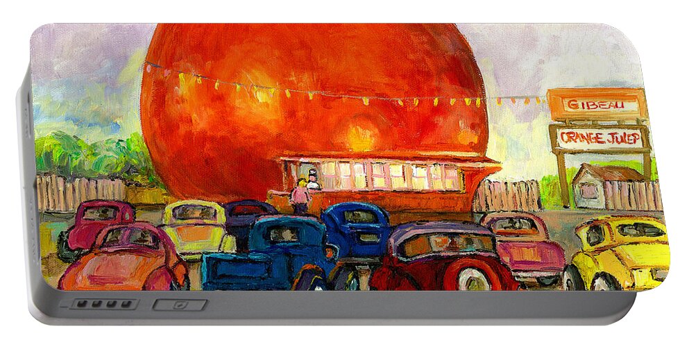 Montreal Portable Battery Charger featuring the painting Orange Julep With Antique Cars by Carole Spandau