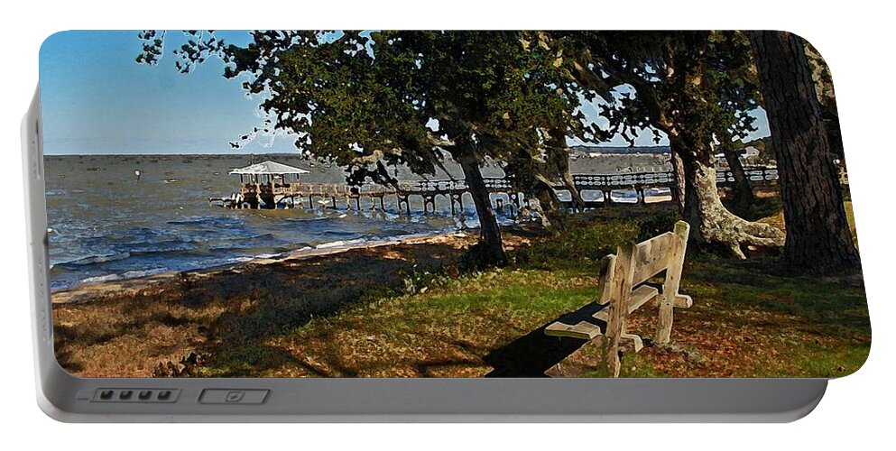 Alabama Portable Battery Charger featuring the digital art Orange Street Pier Bench by Michael Thomas
