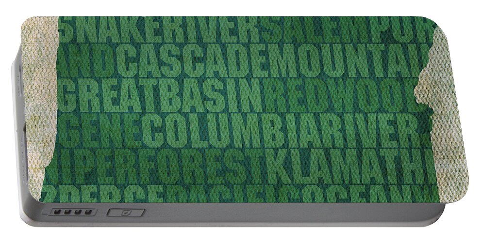 Oregon Portable Battery Charger featuring the mixed media Oregon Word Art State Map on Canvas by Design Turnpike