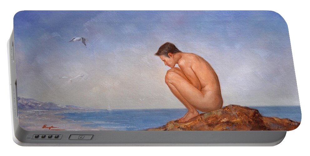 Original. Oil Painting Art Portable Battery Charger featuring the painting Original classic oil painting man body art-male nude and sea gull #16-2-4-06 by Hongtao Huang