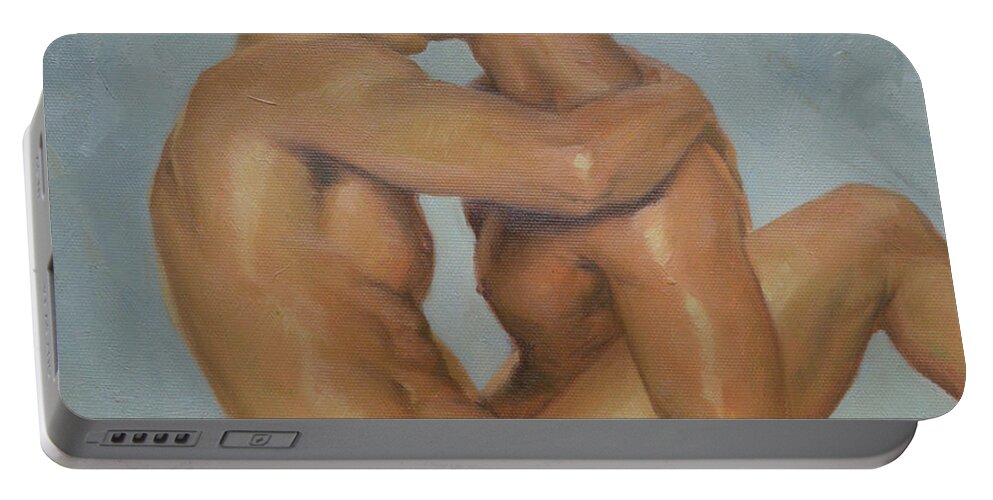 Original Portable Battery Charger featuring the painting Original Man Oil Painting Gay Body Art- Two Male Nude On Canvas by Hongtao Huang