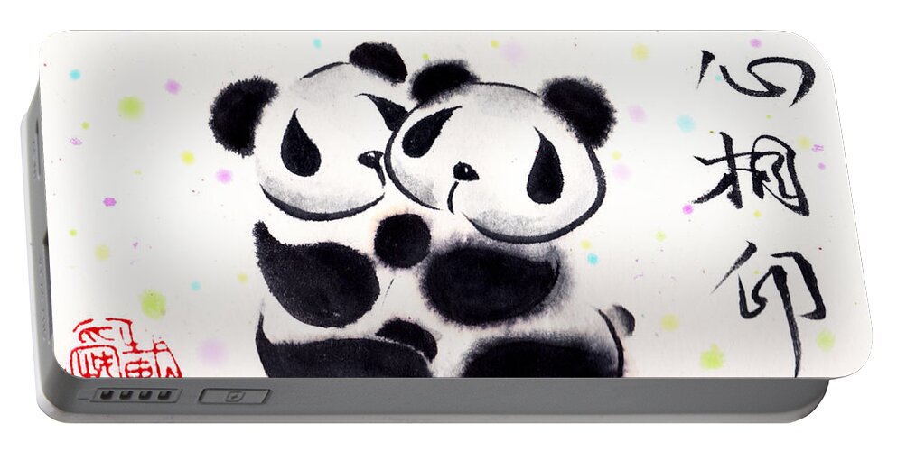 Panda Portable Battery Charger featuring the painting Our Hearts Are Sealed by Oiyee At Oystudio