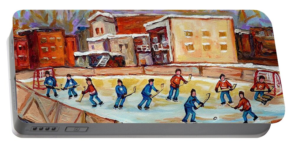 Hockey Portable Battery Charger featuring the painting Outdoor Hockey Fun Rink Hockey Game In The City Montreal Memories Paintings Carole Spandau by Carole Spandau