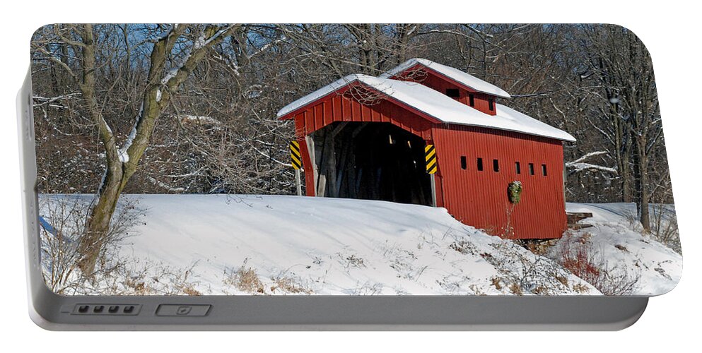Covered Bridge Portable Battery Charger featuring the photograph Over The River ..we Go by Janice Adomeit