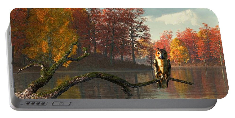 Owl Portable Battery Charger featuring the digital art Owl on an Autumn Lake by Daniel Eskridge