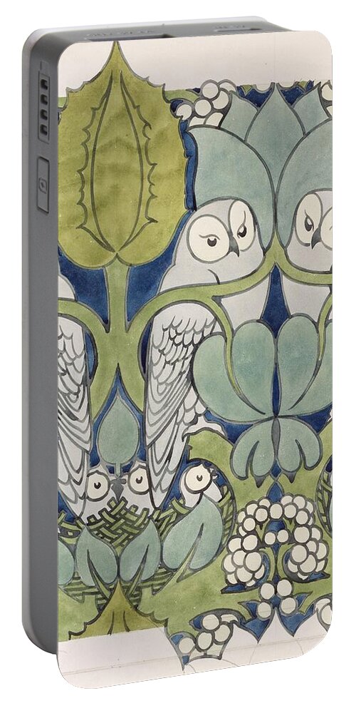 Textile Or Wallpaper Design Portable Battery Charger featuring the painting Owls, 1913 by Charles Francis Annesley Voysey